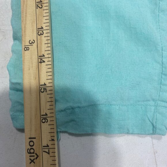 Emily Daniels Linen Blend Top Womens Size M Aqua Blue Roll Tab Sleeves Coastal B - Picture 12 of 13